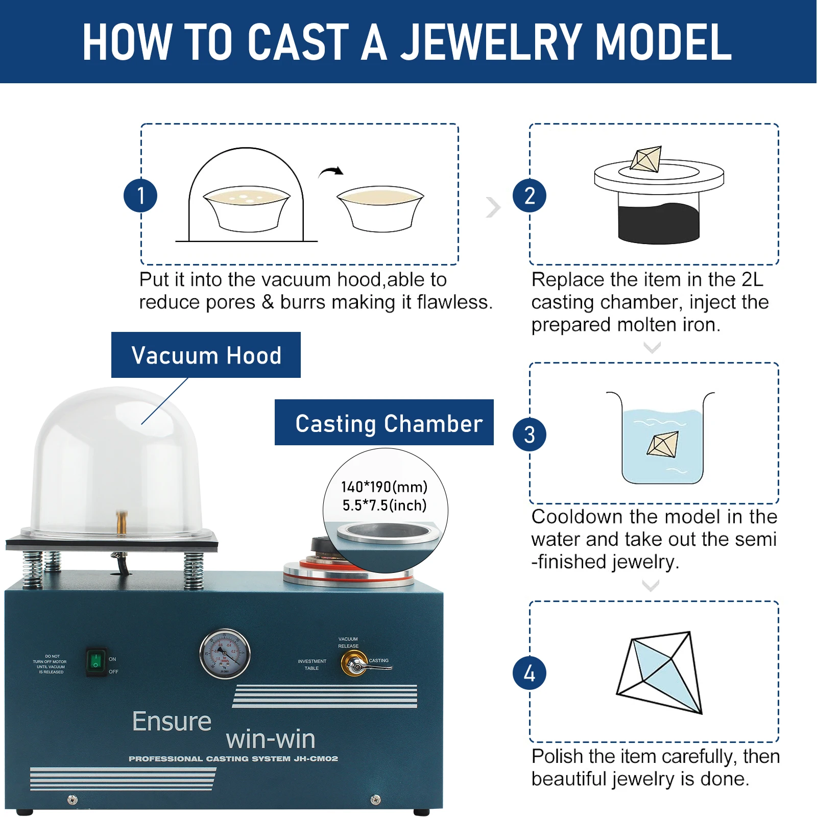 Vacuüm Investing Casting Machine Lost Wax Cast Combinatie 2L met een 14 x 19 cm stolp voor het gieten en investeren van sieraden