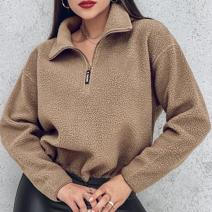 Women's Sweatshirt Fleece Tops Winter Fashion Solid Color Stand Collar Zipper Design Long Sleeve Casual Loose Fit Sweatshirt