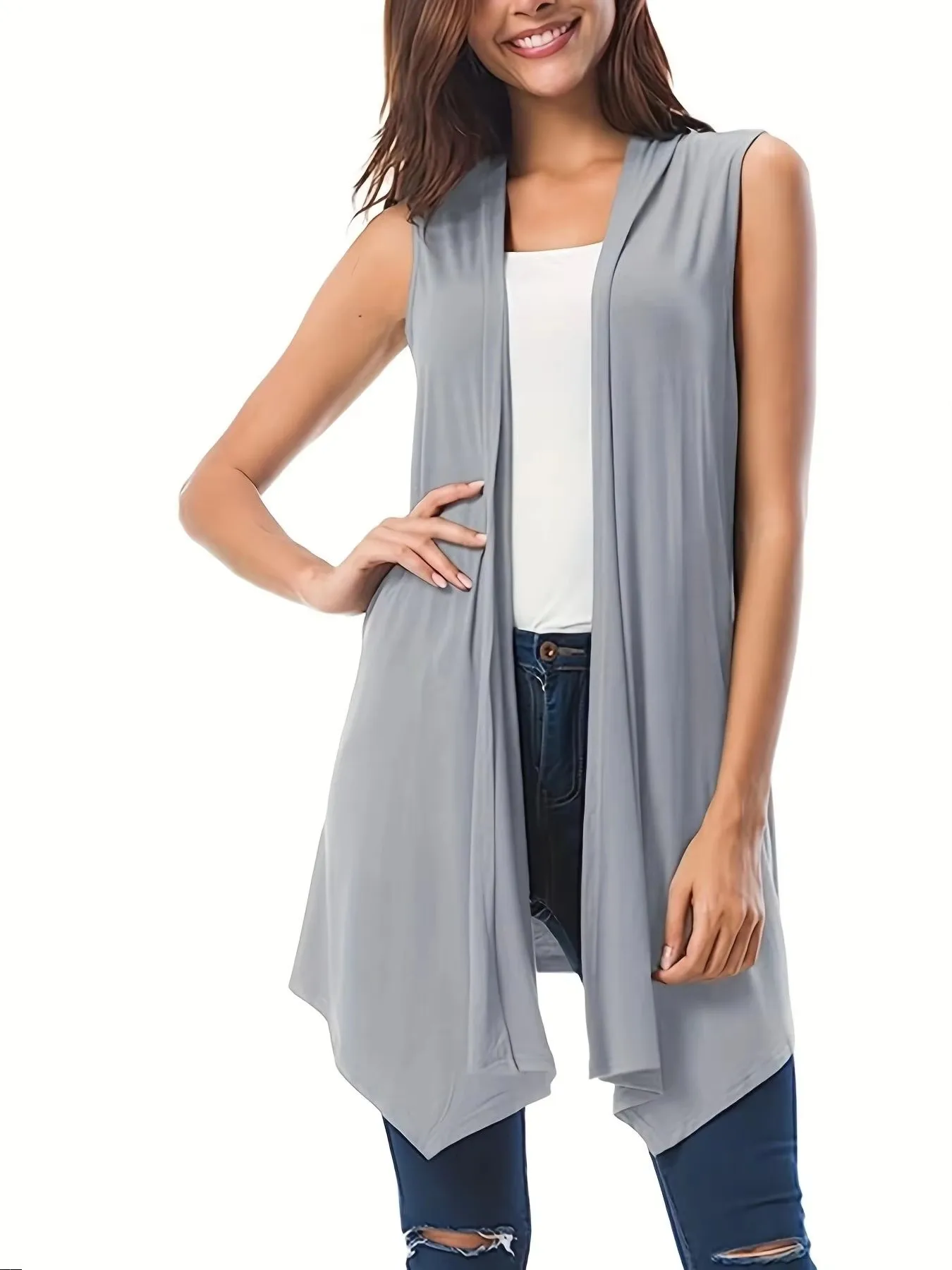 Women's Plus Size 1XL-5XL Asymmetrical Hem Sleeveless Cardigan Versatile Solid Color Casual Cardigan Simple Fashionable Cardigan