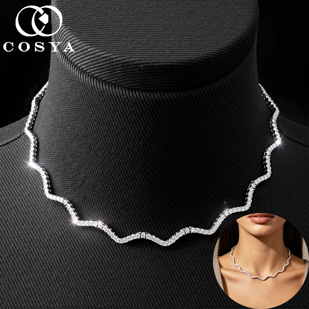 COSYA 2mm Luxury Moissanite Tennis Necklace For Women S925 Silver Sparkling Wave Riviera Choker Adjustable Chain Wedding Jewelry