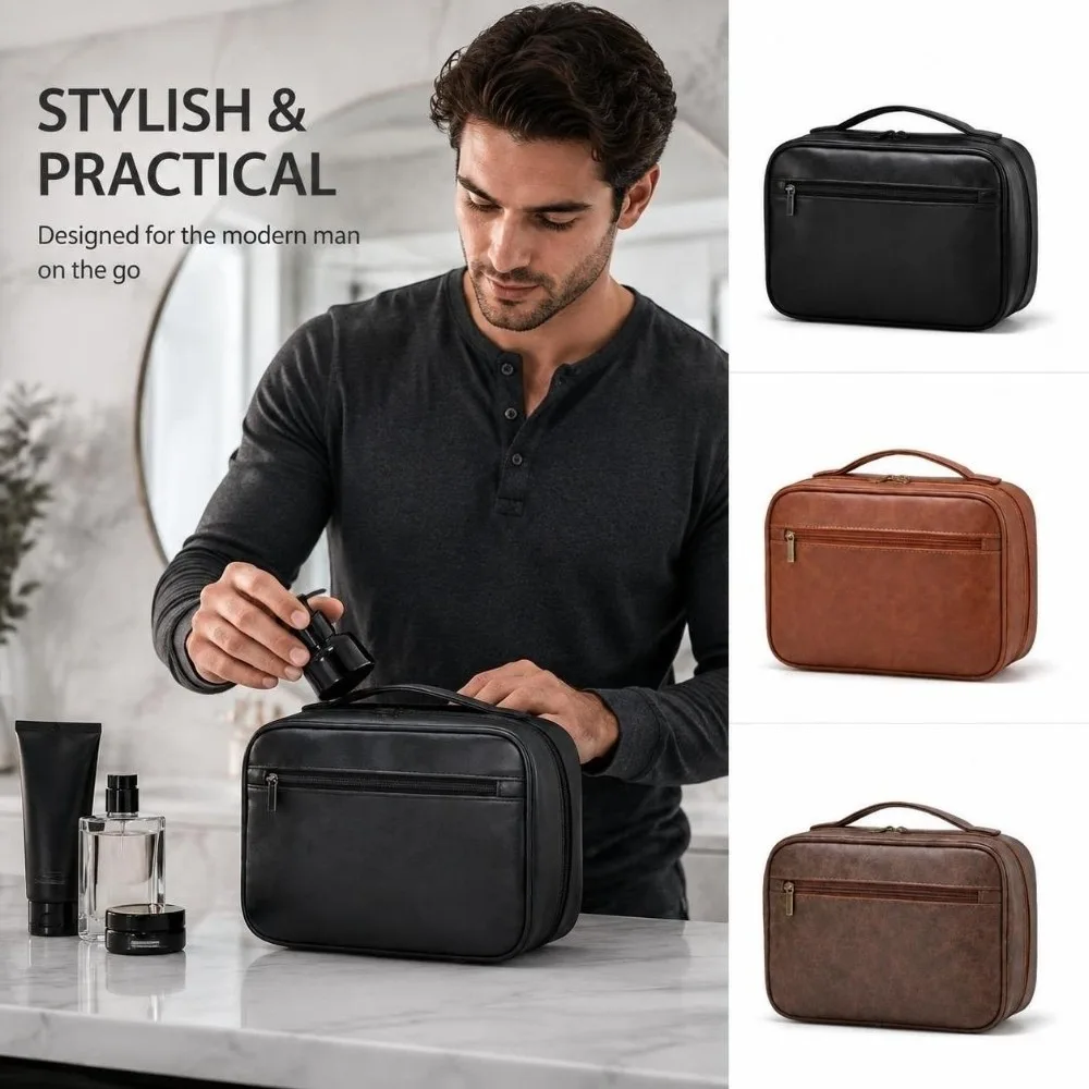 Vintage PU Leather Travel Toiletry Bag Large Capacity Waterproof Wash Bag Organizer Hanging Hook Bathroom Storage Bag Men