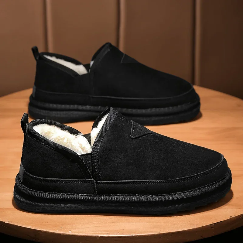 FipatbuZapatilla para hombre, parte superior de cuero genuino, forro de piel de oveja, plantilla de espuma viscoelástica, zapatos cálidos para casa, suela de goma