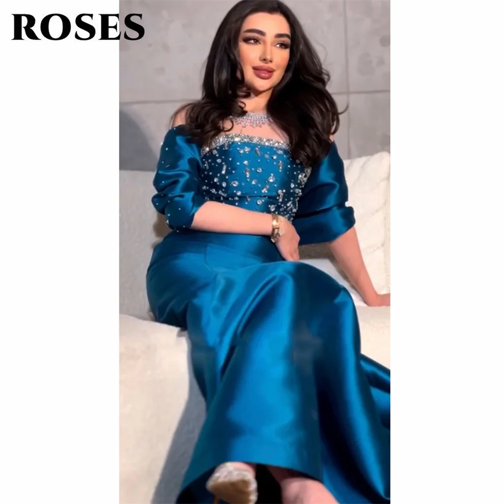 Sukienka wieczorowa bez ramiączek w kolorze niebieskim z kokardą, odkryte ramiona, suknia balowa typu syrena, formalna suknia na przyjęcie z kryształami, suknia balowa na zamówienie.