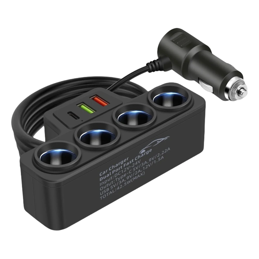 Fast Charger Plug QC3.0+PD 3.1A 12V-24V Phone Power Adapter 4-Socket 120W Car Cigarette Lighter Socket Splitter Plug 3 USB Ports