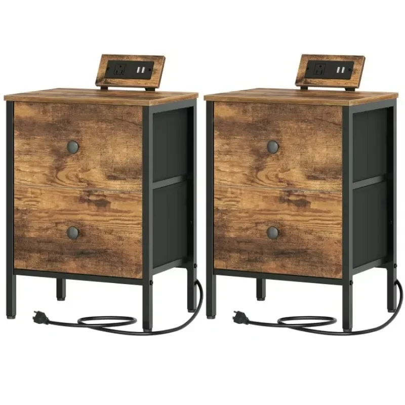 Bedside table 2-piece set, with charging station, with 2 drawers,  with small space