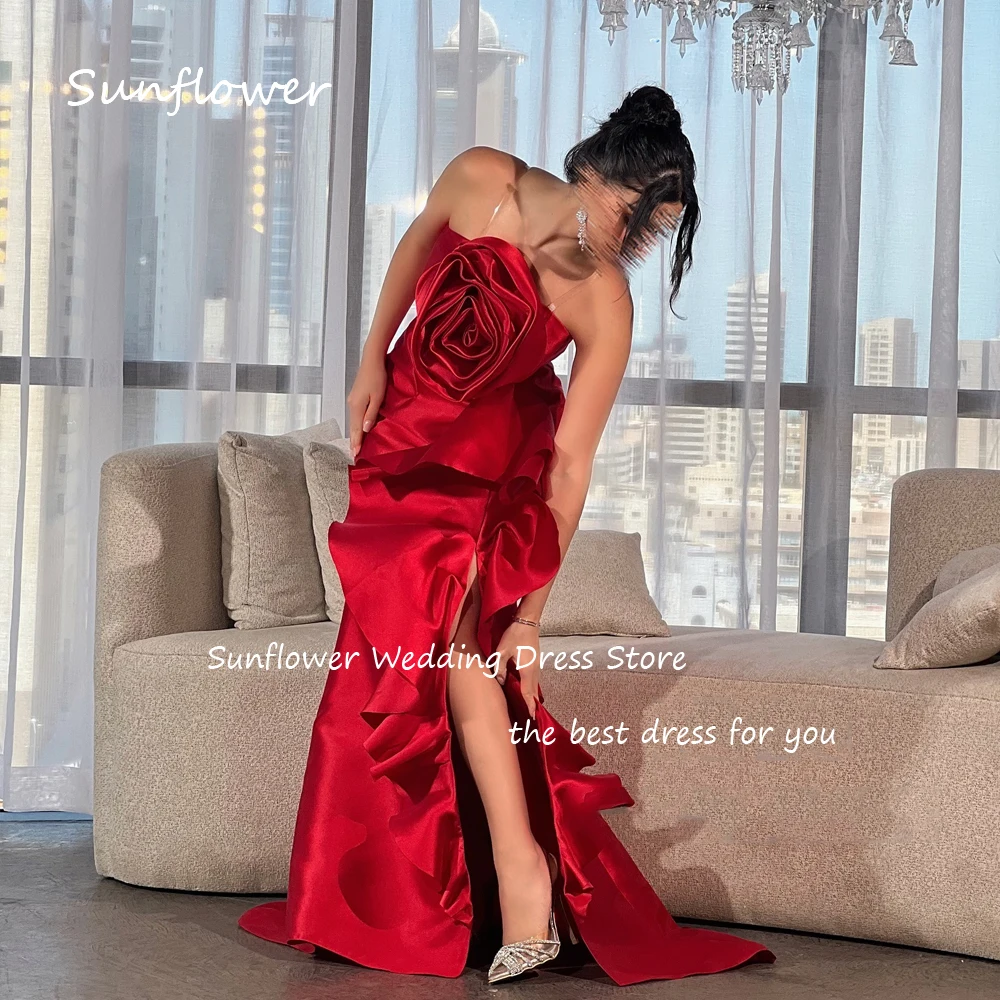 Sunflower Simple Red Strapless 3D Flowers Satin Prom dress 2024 Slim Backless Floor-Length Evening Dress Mermaid Party Dress