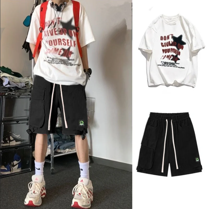 American Hiptop Cargo Suits Men' Women's Punk Streetwear Read Shorts 2023 Summer New Loose Versatile Wide Leg Trousers