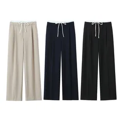 2024ZA Women's Fashion New Unique and Elegant Double Layer Waist Wide Leg Pants