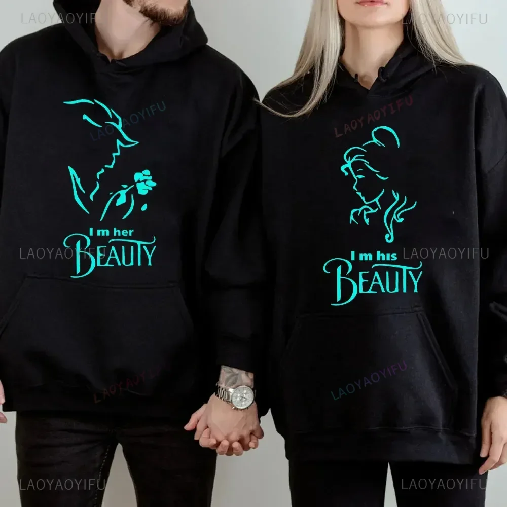 I'm Her Beast I'm His Beauty Print Sweatshirts Couple Matching Hoodies Men Women Long Sleeve Hooded Luminous Lover Hoodie