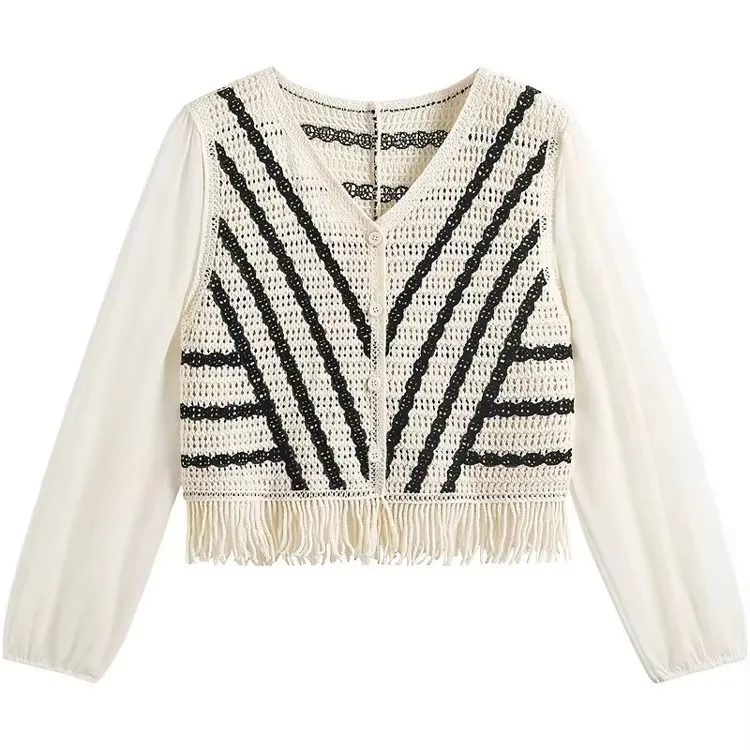 

Полосатый вязаный крючком топ, женский ажурный кардиган на пуговицах с пышными рукавами, весна-лето, шикарный пляжный праздничный наряд в стиле бохо