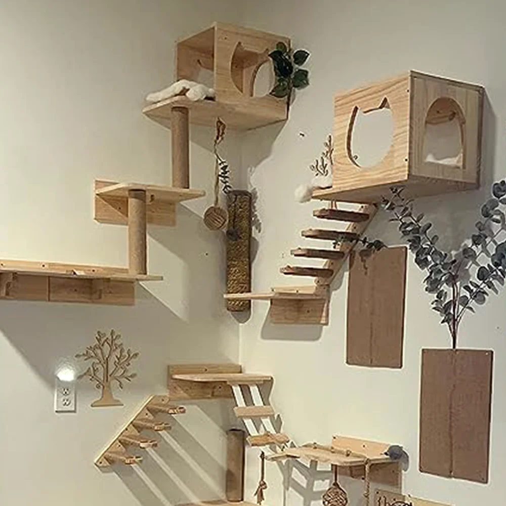 

Wall Mounted Cat Climbing Cat Tree Cat Stairs Frame Wooden Cat Jumping Platform Cat Ladder Scratching Post Rest and Playing