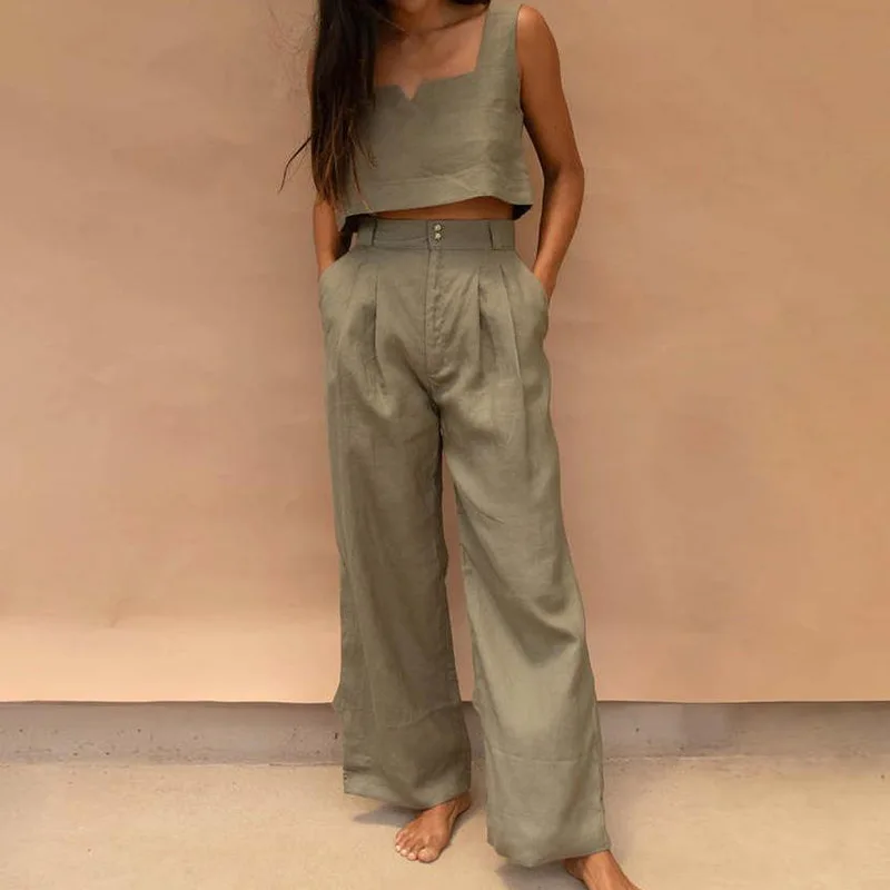 

Комплект из двух предметов: жилет и брюки с высокой талией и широкими штанинами, лето 2025, женская мода, повседневный стиль, топ-жилет и брюки в комплекте