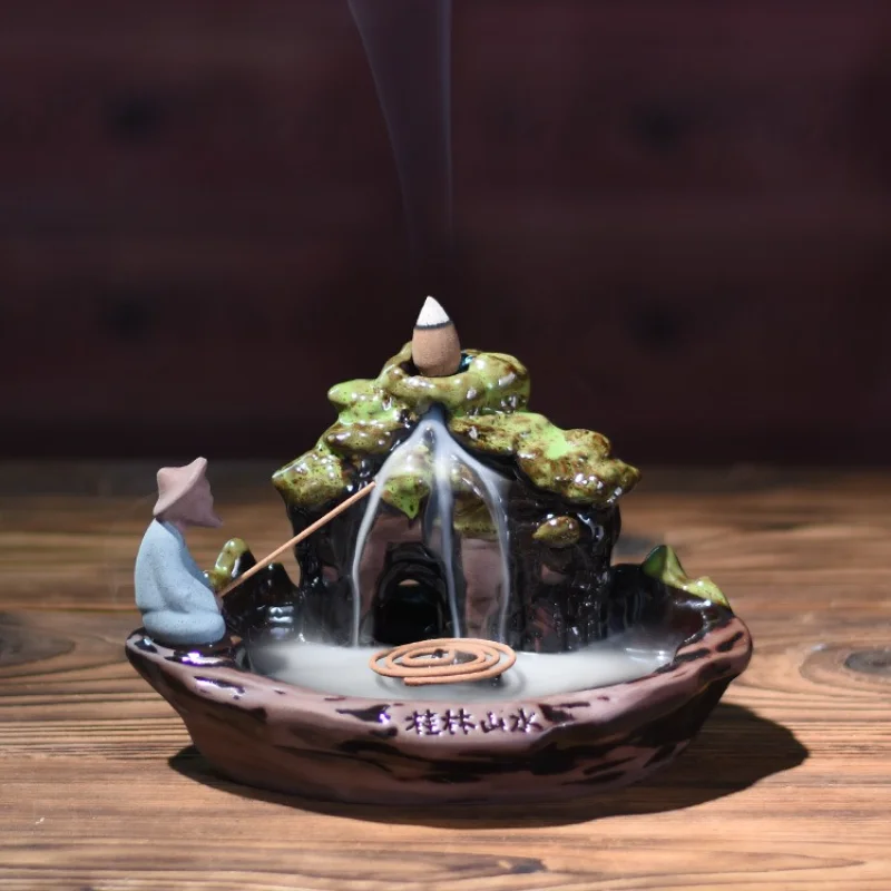 Ceramic High Mountain Flowing Water Backflow Incense Burner Guilin Landscape Waterfall Smoke Censer Desktop Home Decor Ornament