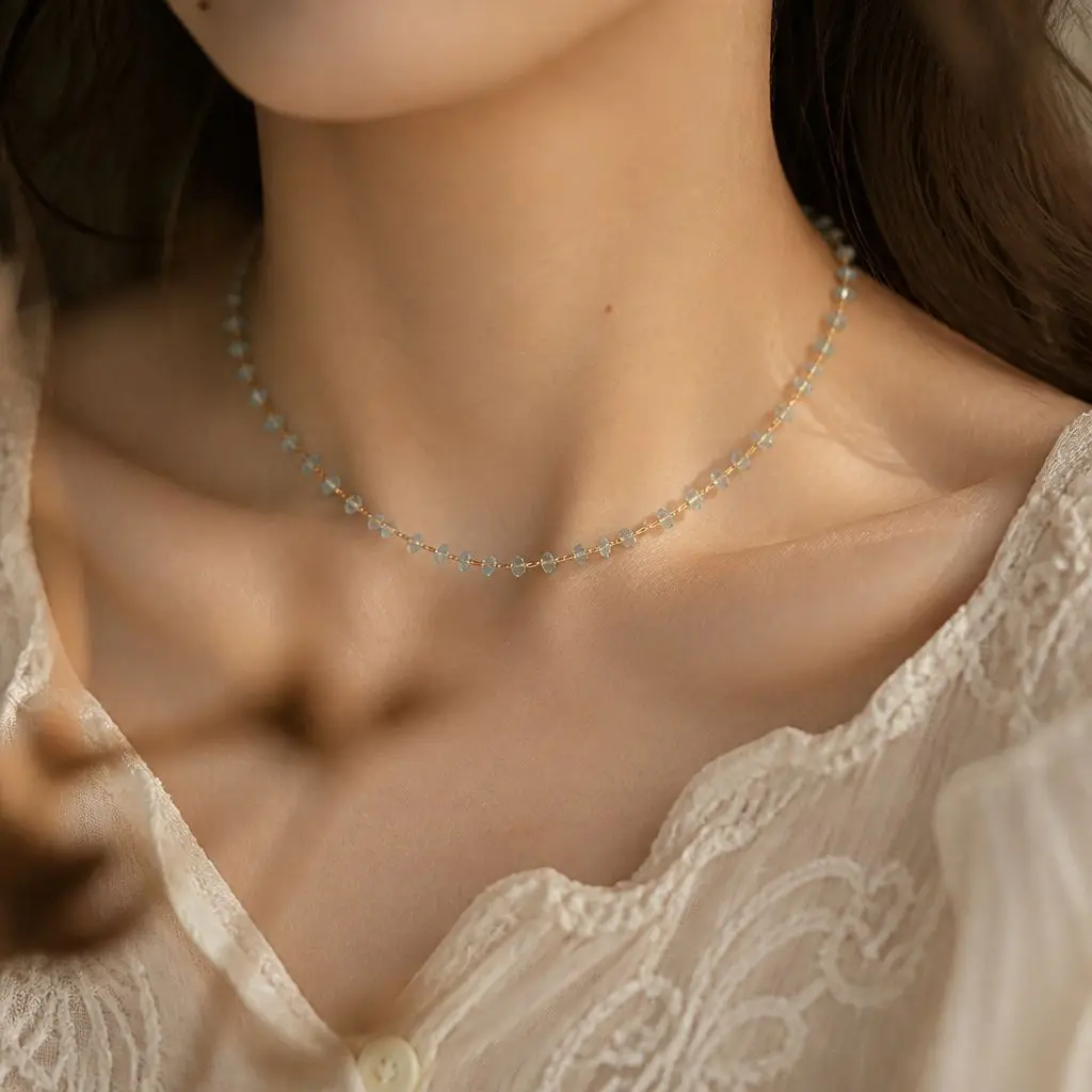Minimalist Natural Blue Crystal Chip Necklace Waterproof Stainless Steel Delicate Beaded Chain Elegant Women Necklaces