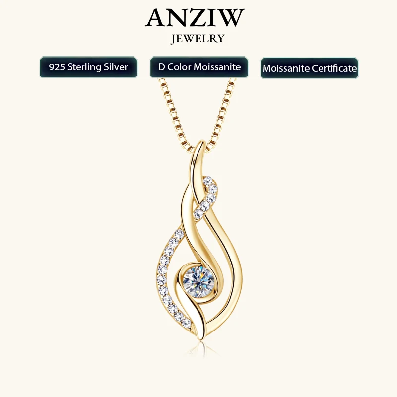 

Anziw 925 Sterling Silver 4mm Round Moissanite Twist Pendant Necklace Gold Plated Sparking Diamond Party Jewelry for Women Gifts