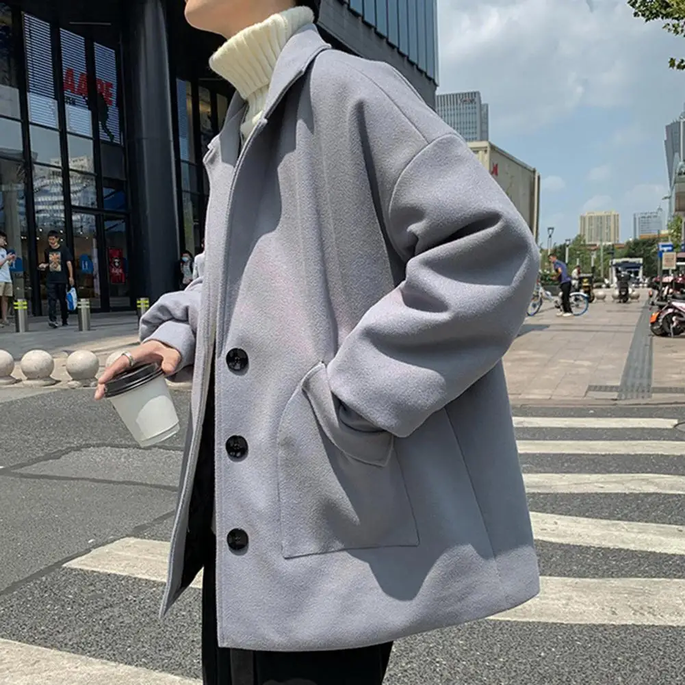 High Elasticity Coat Solid Color Overcoat Men's Woolen Lapel Coat with Single Breasted Closure Mid-length Fit Pockets for Winter