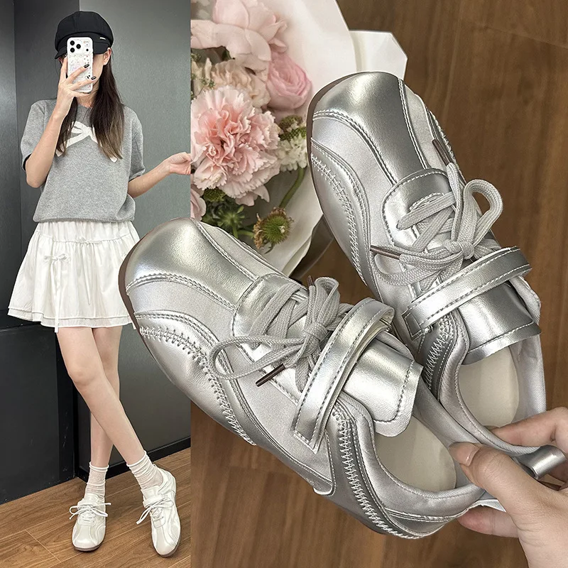 Zapatillas de Ballet Plateadas para Mujer, Estilo Retro, con Cordones, Planas, de Satén, Tipo Mary Jane, Cómodas y Casuales