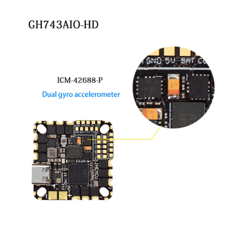 JHEMCU GH743AIO-HD Flight Controller ICM-42688-Px2 5V/2.5A BEC Baro OSD 128MB AM32 40A 3-6S 4in1 Brushless ESC for RC FPV Drone