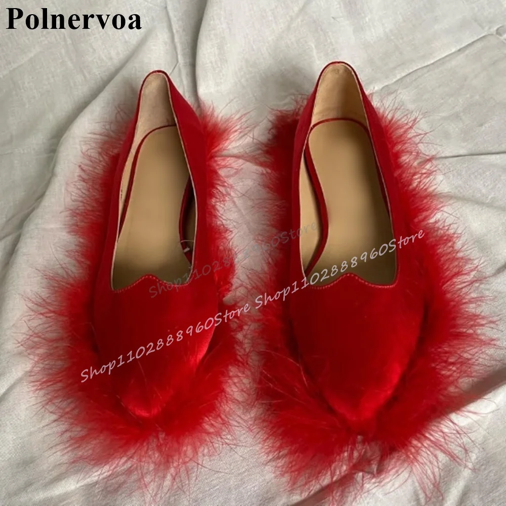 

Trending Red Satin Feather Decor Pumps Flat With Luxury Shoes For Women Slip On Pointed Toe Stylish Party Banquet Lady Pumps