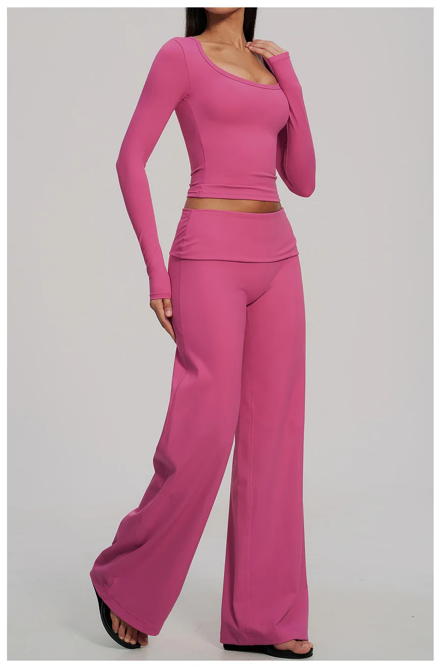 2-teiliges Yoga-Set für Damen, Langarm-Fitness-Oberteil, Trainingsanzug, Sportbekleidung, High-Waist-Hose mit geradem Bein, Fitness-Sportanzug – Detail 12