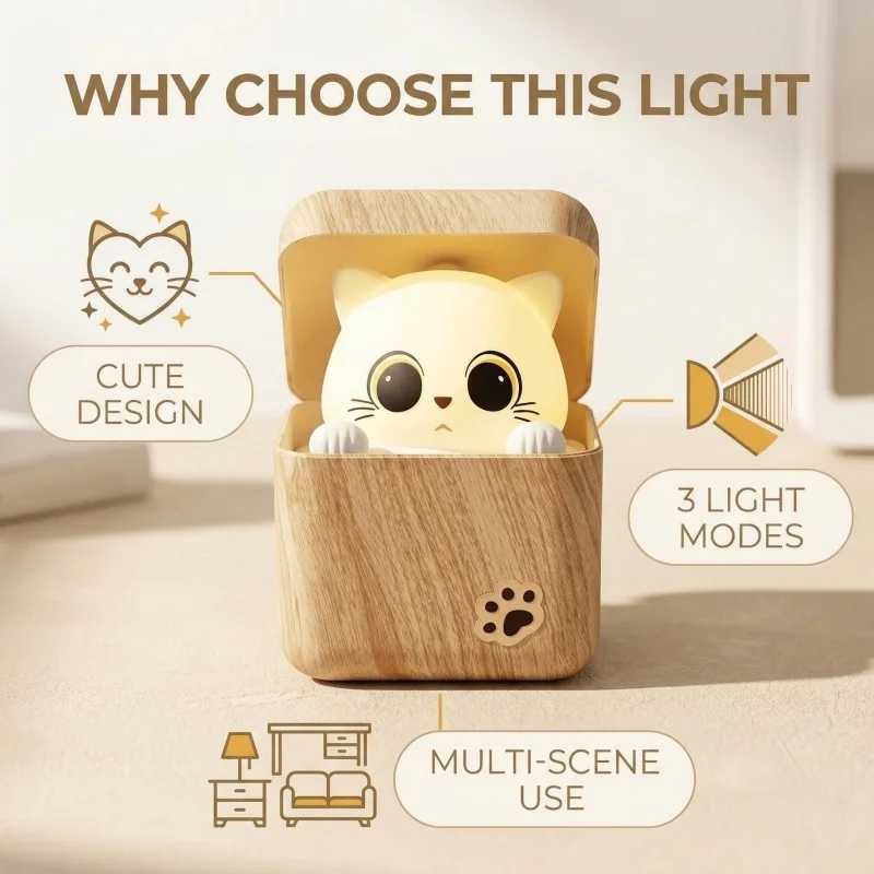 Kawaii Shy Cat Night Light - USB Rechargeable Sleep Lamp