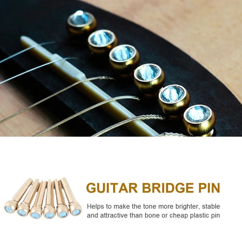 6PCS Crystal Glass Dot Decor Guitar Bridge Pins Metal Yellow,Pink, Water Blue, Dark Blue Music Instrument Parts Fixed Cone
