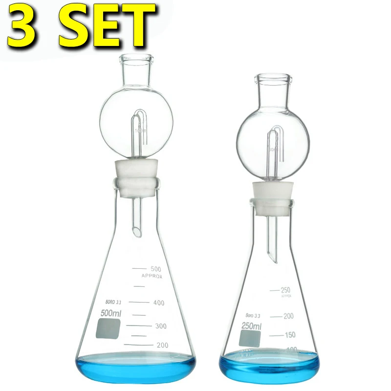 3 sets of gas-saturated Gassner funnels, spherical/pear-shaped splash-proof funnel safety devices, glass conical bottles