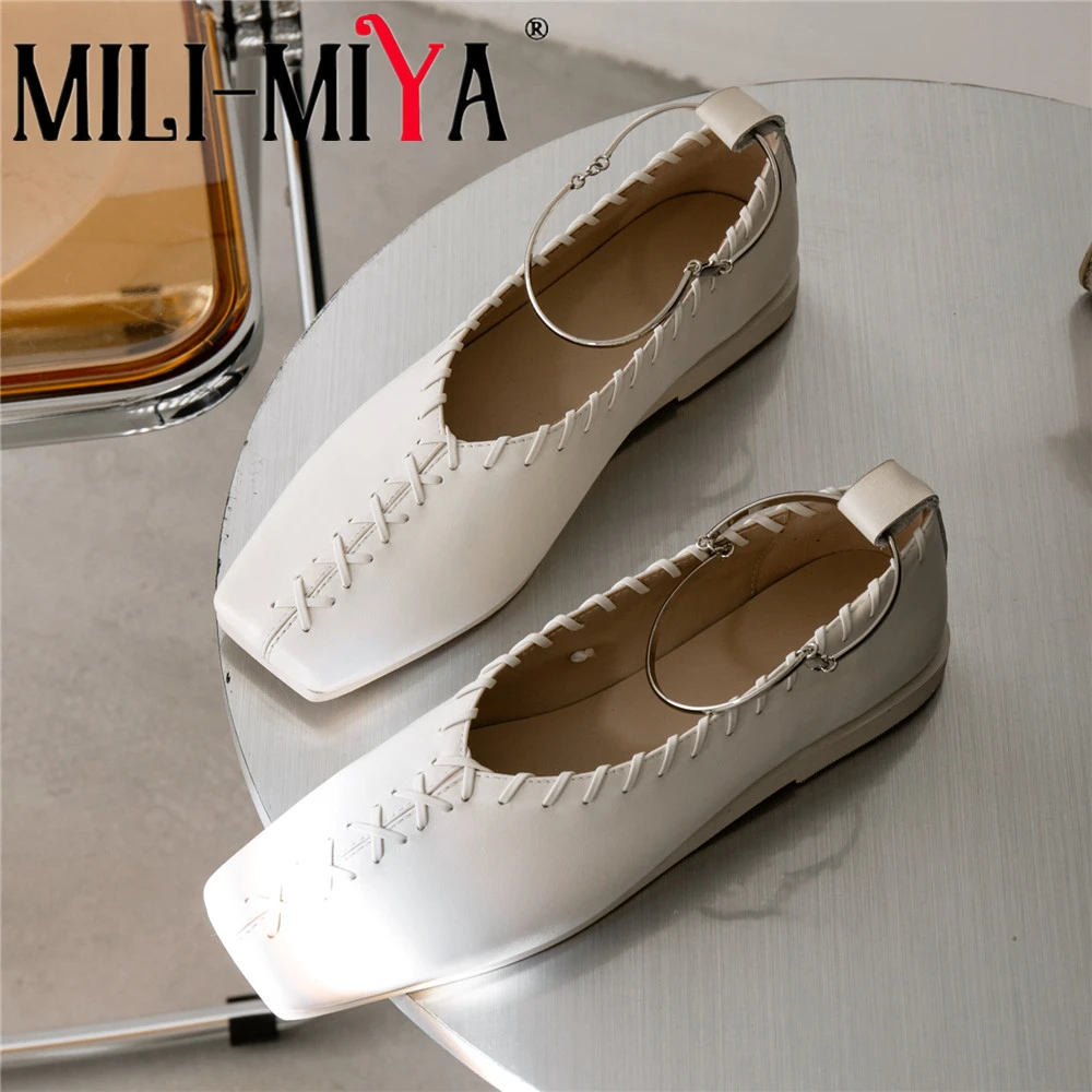 MILI-MIYA Women's Classic Square-Toe Leather Flats With Woven Upper Detail And Metal Ankle Buckle In Solid Colour Big Size 34-43