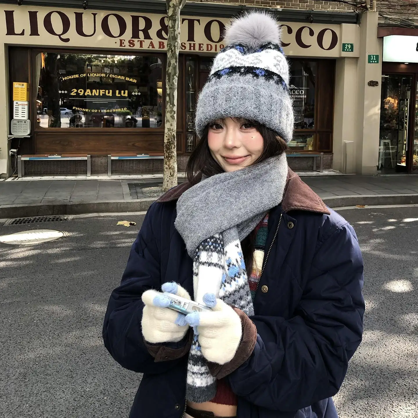 ニットスカーフネックウォーマー女性学生用冬用防寒スカーフスカーフキャップセット英国スタイル長方形厚みのあるロングスカーフ