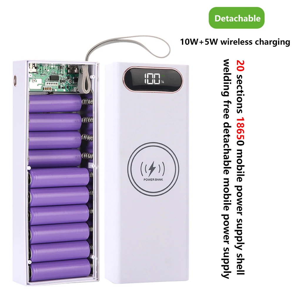 Imagem -03 - Caixa Destacável Faça Você Mesmo do Banco do Poder Caixas de Armazenamento da Bateria Carregamento Rápido sem Fio Nenhuma Soldadura Baterias 20x18650 22.5w Mais 15w