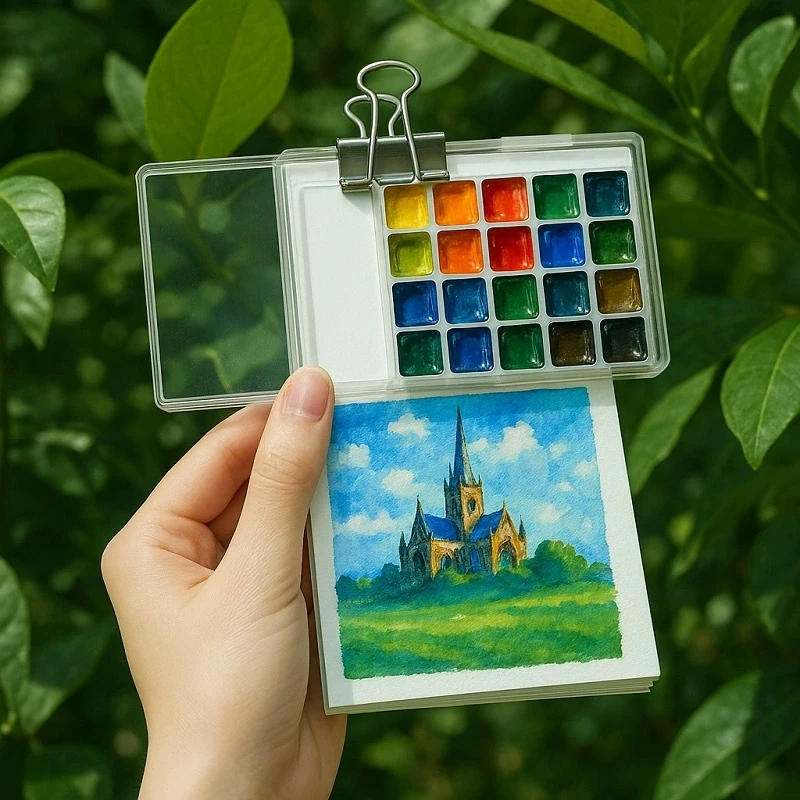 15/8-Fächer-Farbpalette, 1 Pinsel und ein Aquarell-Skizzenbuch, 12 Farbpigmente, 1 Klemme – perfekt für Kunst unterwegs – Detail 5