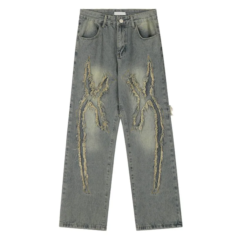 Washed Worn Jeans Men's Retro Waste Soil Style Straight Wide-Leg Pants Women