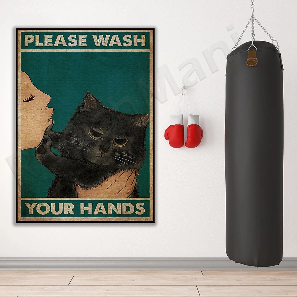 الميمات القطط السوداء يرجى غسل يديك جدار الفن تزيين الملصقات الطينية، ومطبوعات القطط، وفن القطط.
