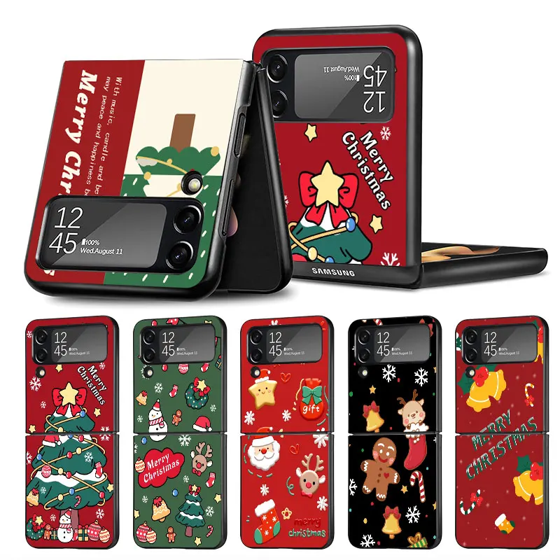 Case For Samsung Galaxy Z Flip 3 4 5G Fall Prevention Black PC Hard Luxury Phone Cover ZFlip3 ZFlip4 Funda 2023 Merry Christmas