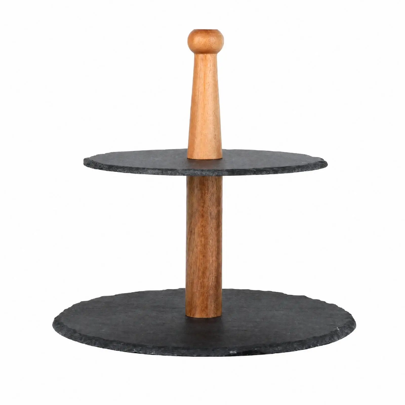 Round Slate Serving Stand with Wooden Handle Food-Safe Vertical Sushi Serving Tray Hand-Finished Dessert Stand Easy to Clean
