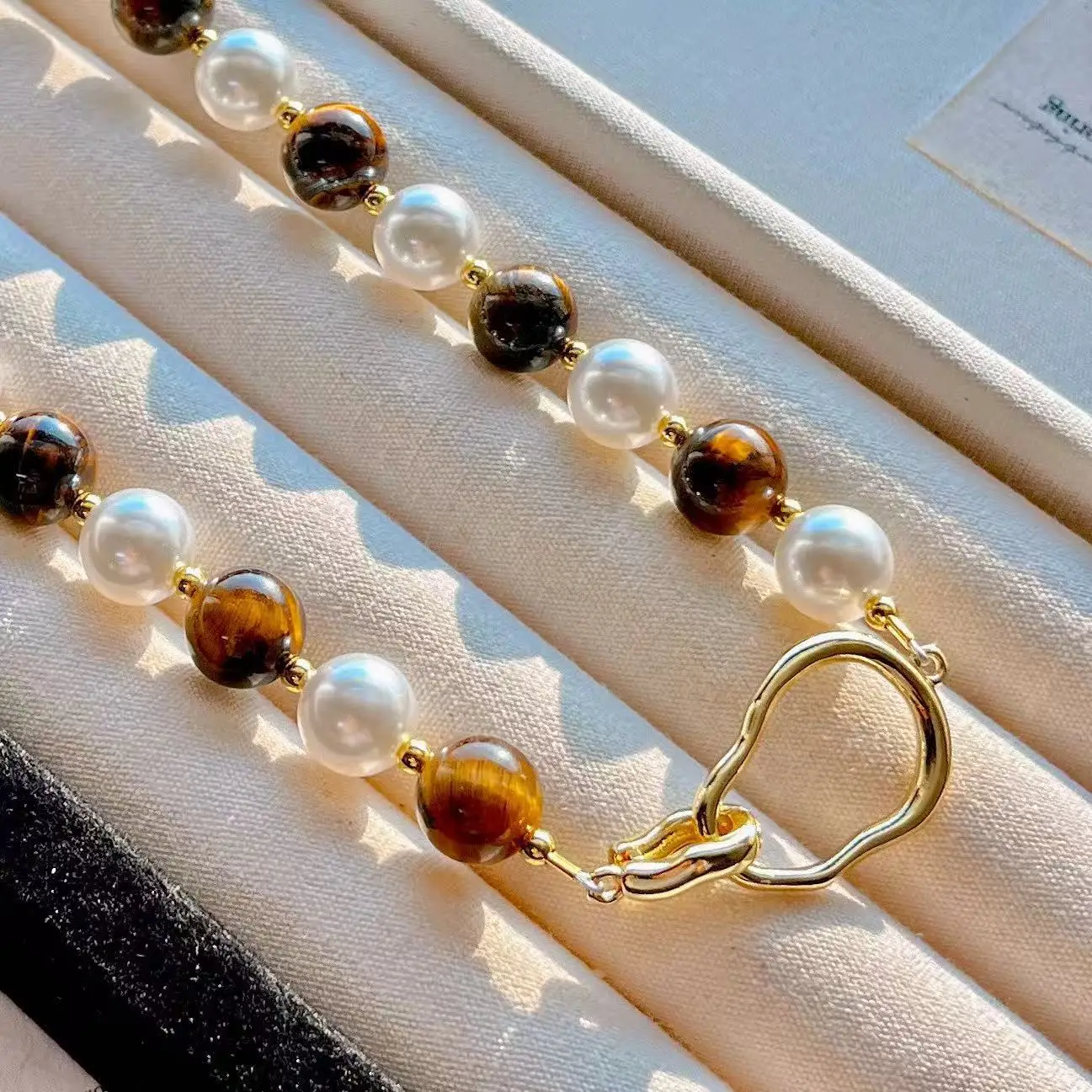 Healing Tiger Eye & Pearl Layering Necklace, 10mm Natural Gemstone for Grounding & Confidence, Stackable Daily Wear