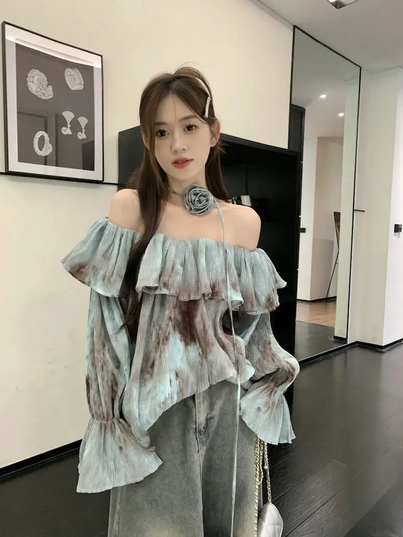 Loose Tie Dye One Shoulder Lotus Leaf Edge Off Shoulder Long Sleeved Shirt with Women\'s Design Sense Niche and Unique Top