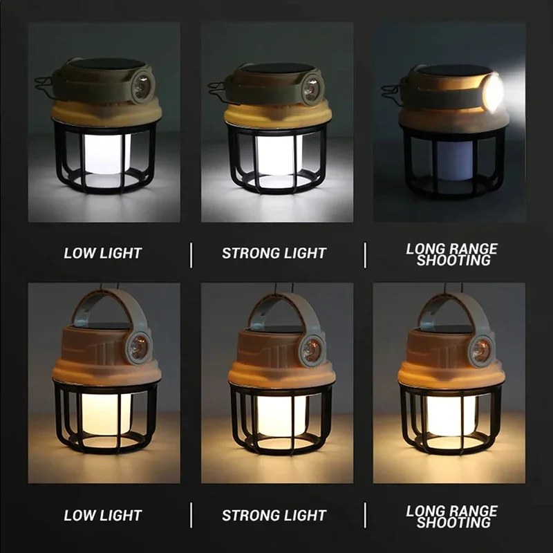 Multifunctional LED Solar Camping Lamp USB Rechargeable flashlight Lantern Outdoor Portable Power Source with Side Lamp Hooks