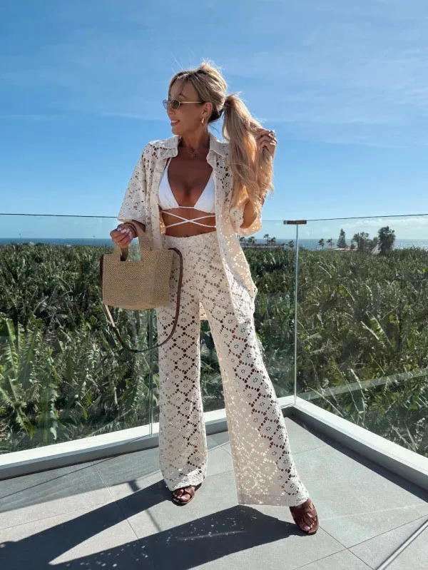 Fashion Lace Two Piece Set Lady Loose Lapel Half Sleeved Single Breasted Shirt Casual Trousers Suit Sexy Hollow Women Clothing