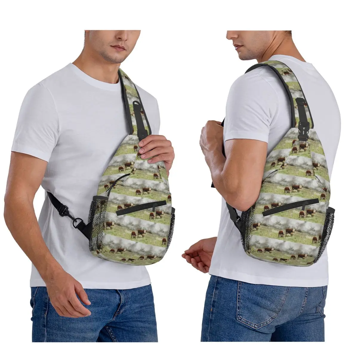 

Hereford Bull And Cow Watercolour Photograph Chest Bag Men Sling Crossbody Backpack Chest Bag Hiking Daypack Shoulder Bag