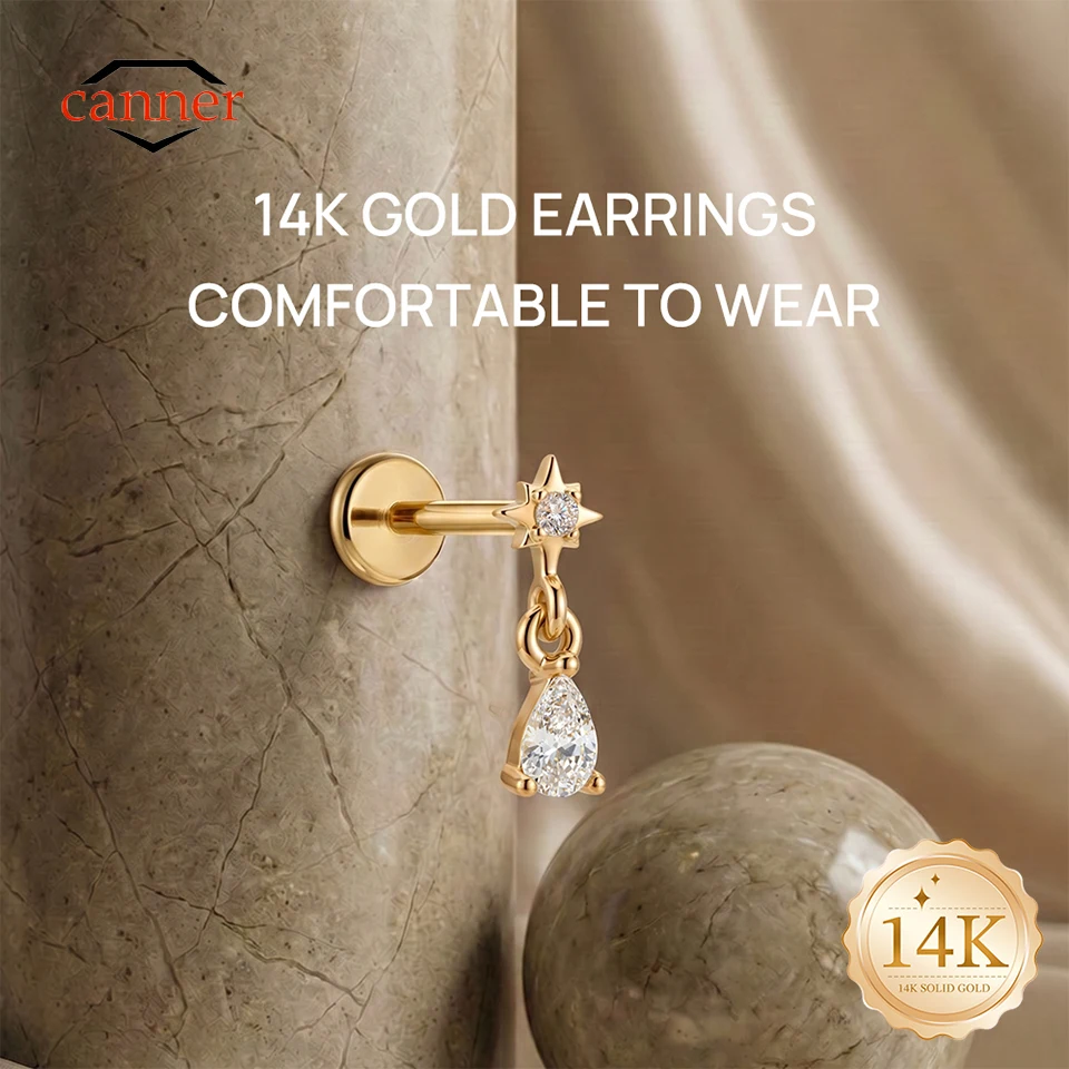 

CANNER 1PC 14K Solid Gold Star Eight-pointed Star CZ G23 Titanium Piercing Drop Earring Luxury Cartilage Helix Tragus Jewelry