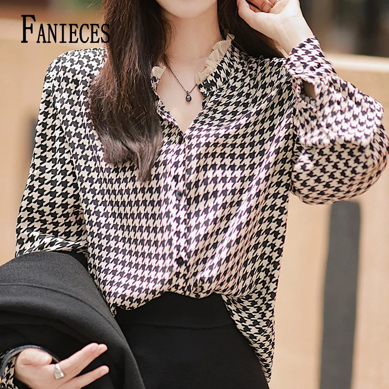 

FANIECES Elegant Houndstooth Print Women Chiffon Blouses Casual Tops Autumn Long Sleeve Fashion Flounce Stand Collar OL Shirts