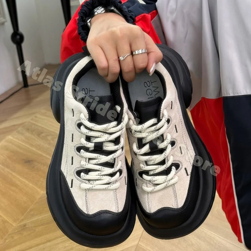 Retro Cow Suede Chunky Platform Casual Sneakers Lace Up Contrast Color Soft Sole Non Slip Lightweight Fashion Walking Shoes