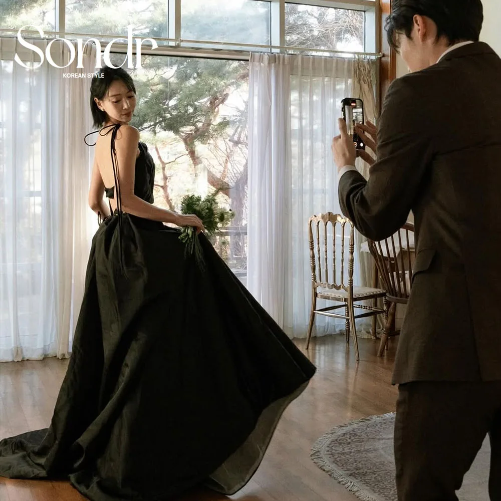 

Sondr Customized Black Korean Wedding Party Dresses Photo Shoot Spaghetti Straps Backless A Line Bridal Gown Wedding Prom Dress