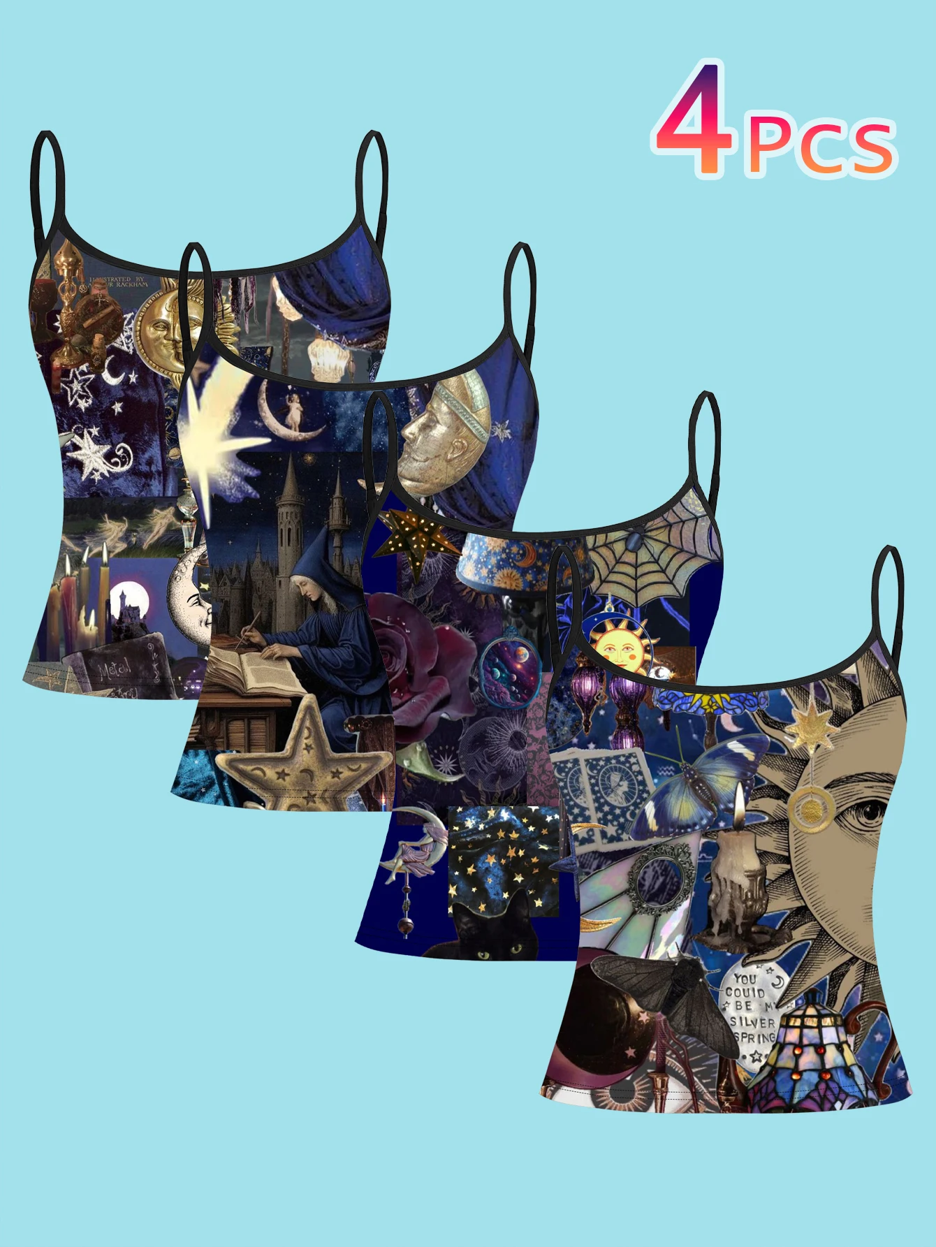 4-Piece Set of Dark Magic Gothic Collage Print Camisoles, Witch Castle Moon Black Cat Tarot Spaghetti Strap Sleeveless Tops, Vintage Mysterious Style Slim Fit Inner and Outer Wear Vest Set