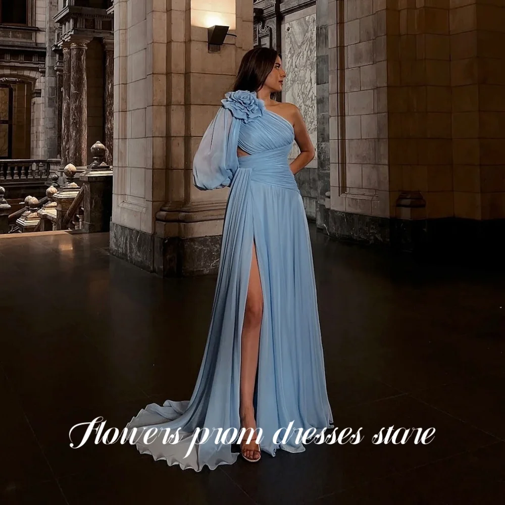 

Flowers A Line Prom Dress One Shoulder Party Dress Tulle with Split Elegant Party Dress for Women vestidos de fiesta Customized