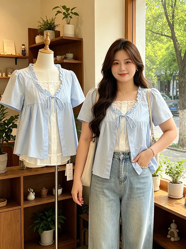 

Large Size Lace Embroidered Ruffle Collar Shirt Women Summer 2026 New Anti-Aging Slimming Fake Two-Piece Top French Style