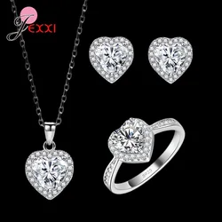 Romatic Birthday Valentines Day Gift Luxury 925 Sterling Silver Jewelry Sets Full Cubic Zircon Heart Ring Necklace Earrings