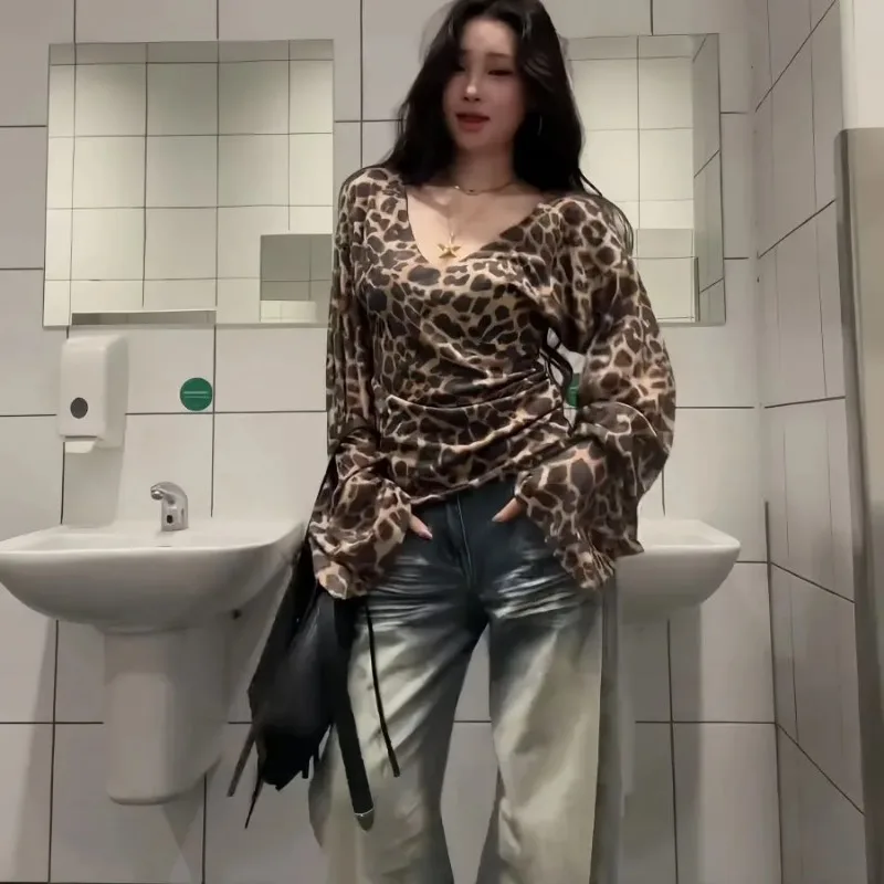 Women's Leopard Print Off-Shoulder Long-Sleeve Top with Camisole Overlay