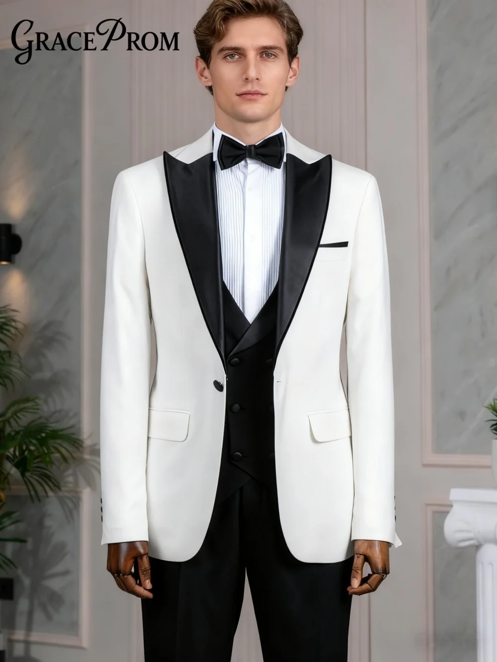 Classic Men's 3PCS Suit Jacket Vest Pants White Black Peak Lapel Men's Suit Set Vibrant Slim Fit Groom Tuxedos Premiere Suit